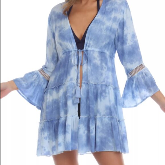 Raviya Plus Size Tie-Dyed Bell-Sleeve Cover-Up Ocean Tie Dye Blue 1X New - Picture 2 of 5